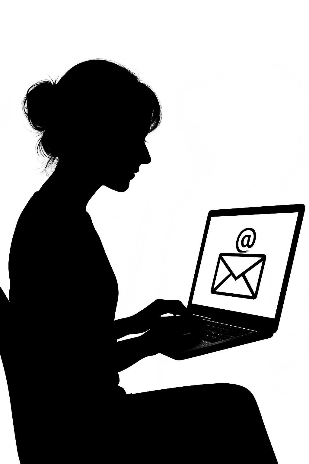 A woman with her hair in a bun is shown in silhouette as she checks her laptop computer for email messages. She is seated in an office chair and the entire background behind her is white.