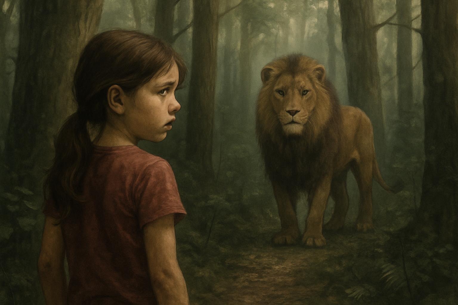 A young girl looks with trepidation into the forest where a majestic lion awaits. She is looking back over her shoulder as if waiting for someone to join her.