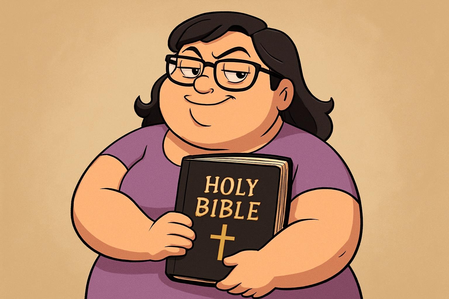 A smug, self-satisfied heavy-set woman holds a large black Bible. She is hard to look at. I'm ashamed that she ever existed.