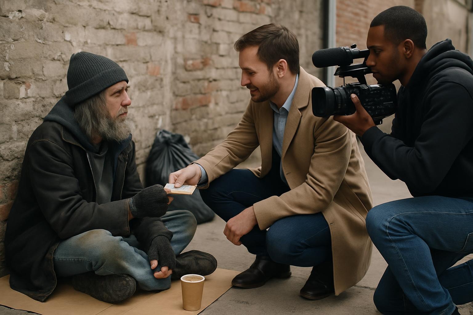 A homeless man on the street is approached by a man who gives him money. A cameraman films the scene. 
