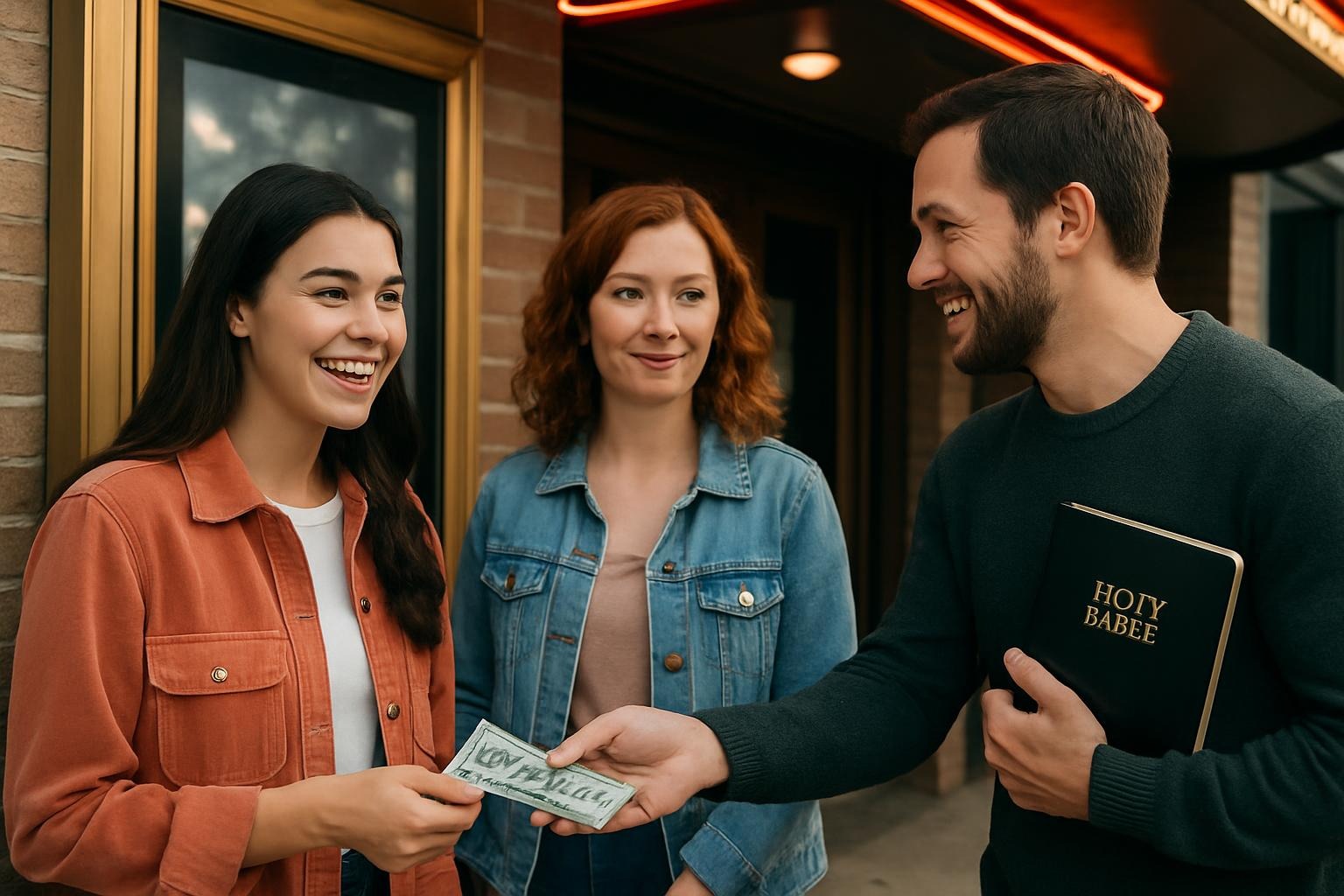 A man holding a Bible approaches two women in front of a movie theater and hands one of them some money. All three smile, though none so much as the woman receiving the prize and the man giving it. 