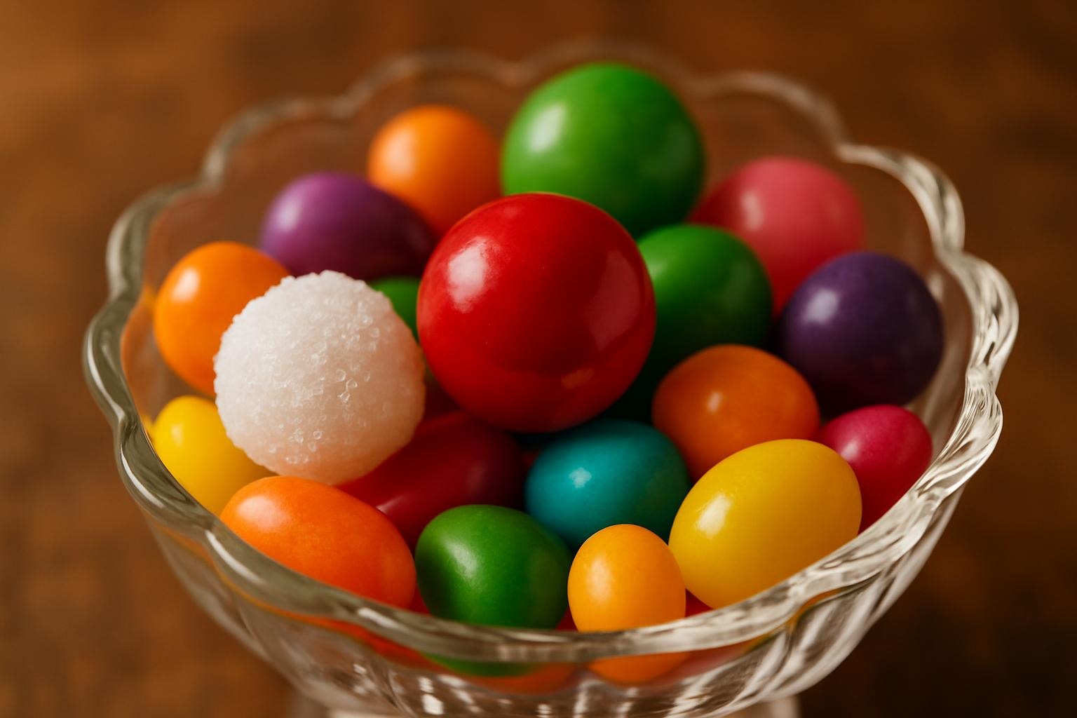 A red gumball sits in a candy dish among several others, including one that is sugar-coated in snowy white.